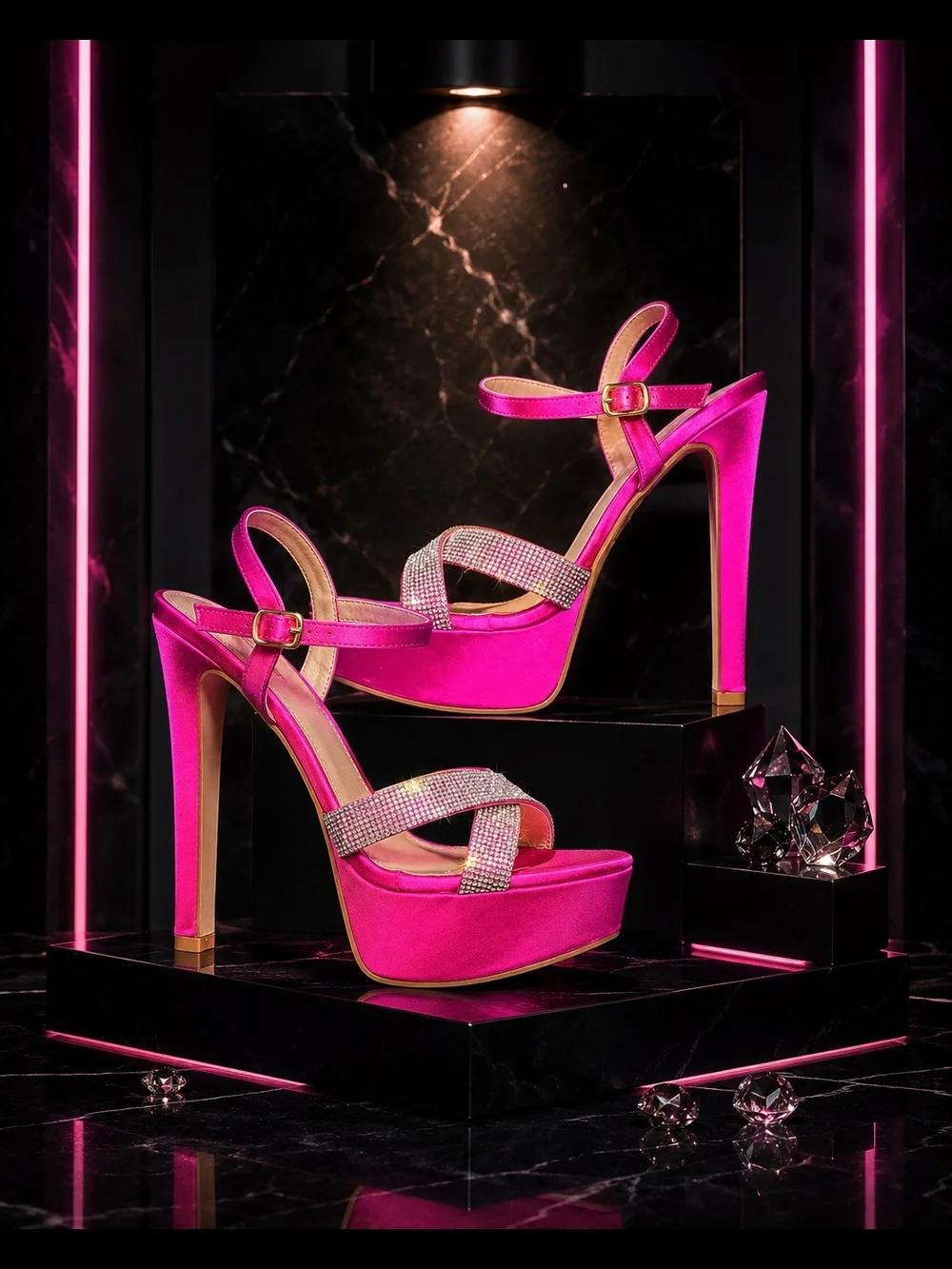 Women's Fuchsia Platform Stiletto Sandals with Crystal Strap
